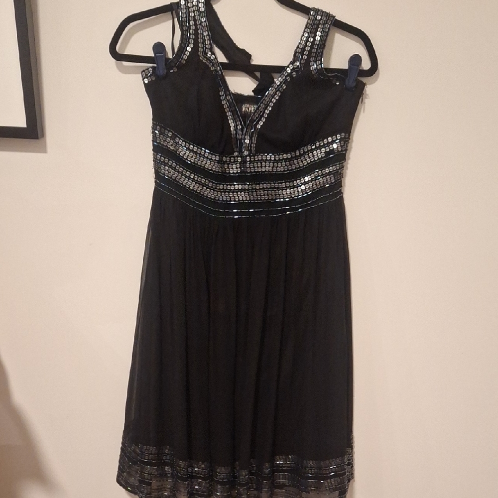 Adrianna Papell Black Evening Dress with Silver Sequins